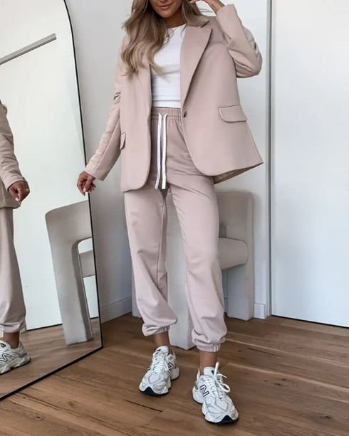 Shawl Collar Long Sleeve Blazer and Drawstring Pants Set Light Khaki