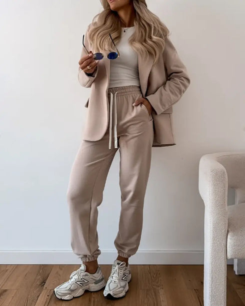 Shawl Collar Long Sleeve Blazer and Drawstring Pants Set Light Khaki