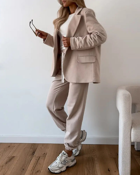 Shawl Collar Long Sleeve Blazer and Drawstring Pants Set Light Khaki