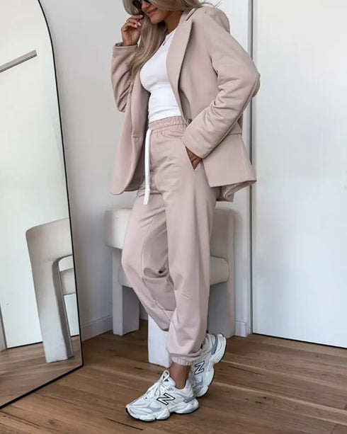 Shawl Collar Long Sleeve Blazer and Drawstring Pants Set Light Khaki