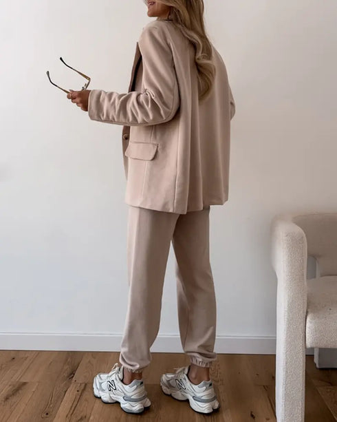 Shawl Collar Long Sleeve Blazer and Drawstring Pants Set Light Khaki