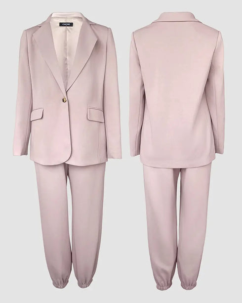 Shawl Collar Long Sleeve Blazer and Drawstring Pants Set Light Khaki