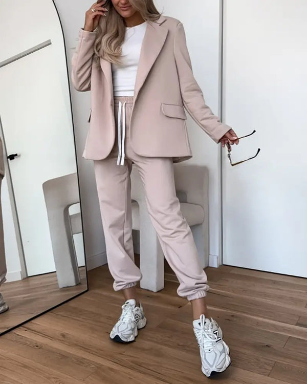 Shawl Collar Long Sleeve Blazer and Drawstring Pants Set Light Khaki