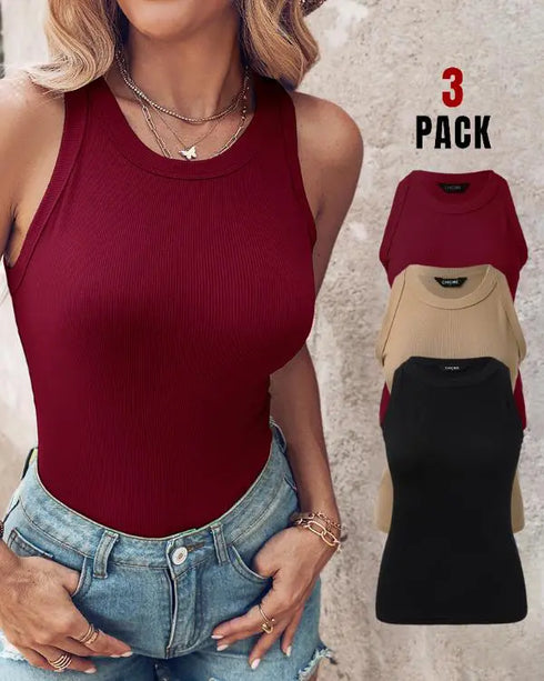 3-Pack Knit Round Neck Thick Strap Racerback Tank Tops(Without Pads) style14