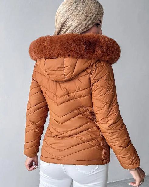 Zipper Pocket Design Shirred Fuzzy Trim Fleece Lined Hooded Puffer Jacket brown