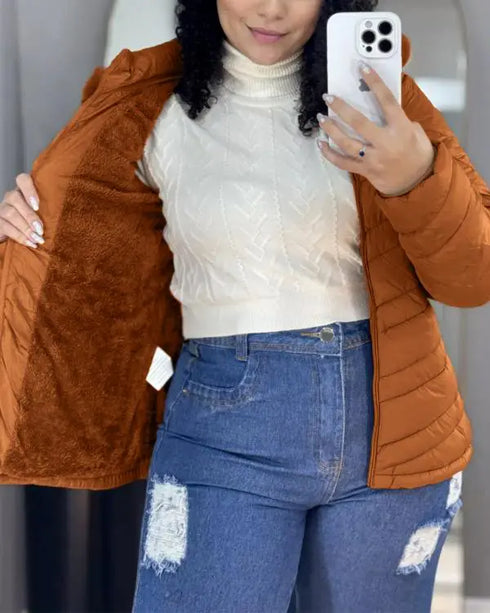 Zipper Pocket Design Shirred Fuzzy Trim Fleece Lined Hooded Puffer Jacket brown