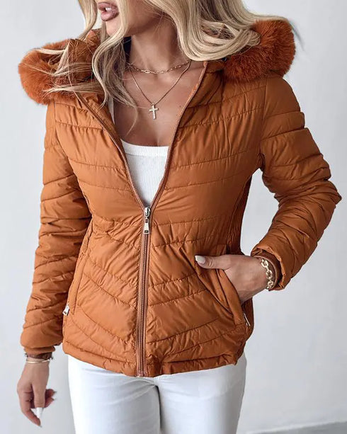 Zipper Pocket Design Shirred Fuzzy Trim Fleece Lined Hooded Puffer Jacket brown