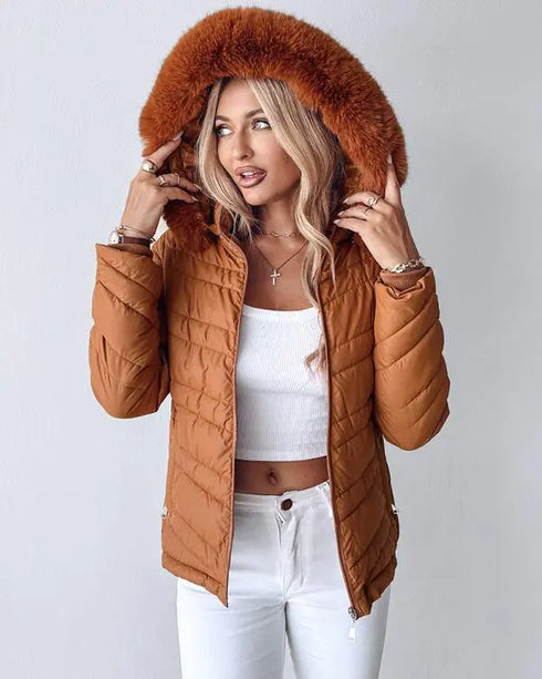 Zipper Pocket Design Shirred Fuzzy Trim Fleece Lined Hooded Puffer Jacket brown