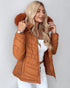 Zipper Pocket Design Shirred Fuzzy Trim Fleece Lined Hooded Puffer Jacket brown
