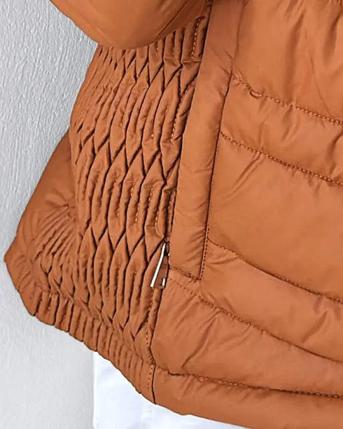 Zipper Pocket Design Shirred Fuzzy Trim Fleece Lined Hooded Puffer Jacket brown