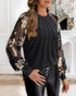 Contrast Lace Round Neck Lantern Sleeve Ruched Blouse Elegant Shirt black