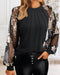 3D Polka Dot Appliques Mesh Long Sleeve Blouse Casual Shirred Cuffs Seam Front Top black