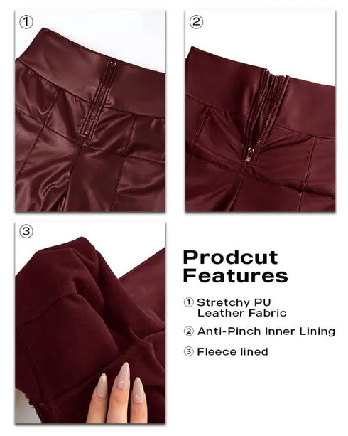 ChicMe CurveEase High Waist Zipper Closure Front with Anti-Pinch Inner Lining Double-layer Tummy Control PU Leather Pants Fleece Lined Tights Wine red