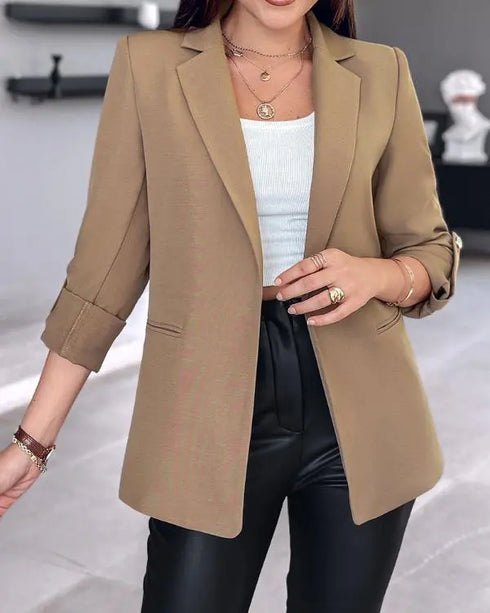 Notched Collar Roll Up Sleeve Blazer Coat Light Coffee