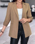 Notched Collar Roll Up Sleeve Blazer Coat Light Coffee