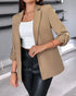Notched Collar Roll Up Sleeve Blazer Coat Light Coffee