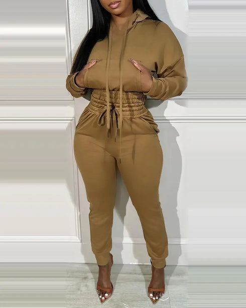 2 Pieces Outfit Drop Shoulder Kangaroo Pocket Stretchy Hem Crop Drawstring Hoodie Sweatshirt and Drawstring Elastic Waist Jogger Sweatpants Casual Tracksuit khaki