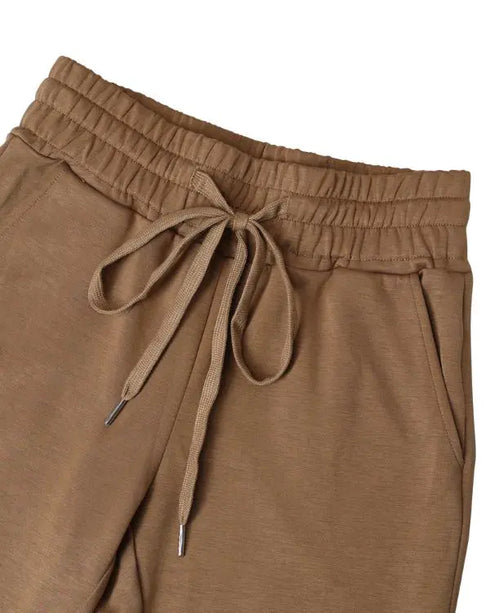 2 Pieces Outfit Drop Shoulder Kangaroo Pocket Stretchy Hem Crop Drawstring Hoodie Sweatshirt and Drawstring Elastic Waist Jogger Sweatpants Casual Tracksuit khaki