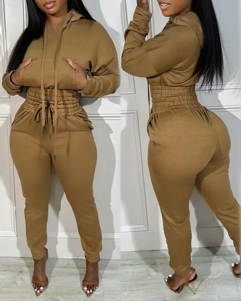 2 Pieces Outfit Drop Shoulder Kangaroo Pocket Stretchy Hem Crop Drawstring Hoodie Sweatshirt and Drawstring Elastic Waist Jogger Sweatpants Casual Tracksuit khaki