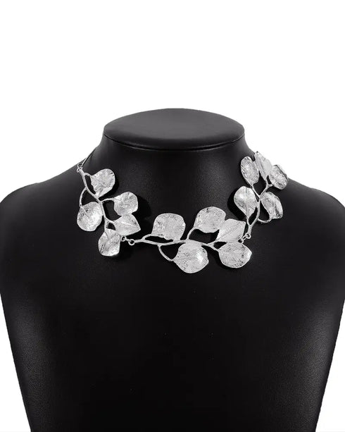 2 Pieces Jewellery Set Metal Leaf Necklace and Flower Earrings Set silver