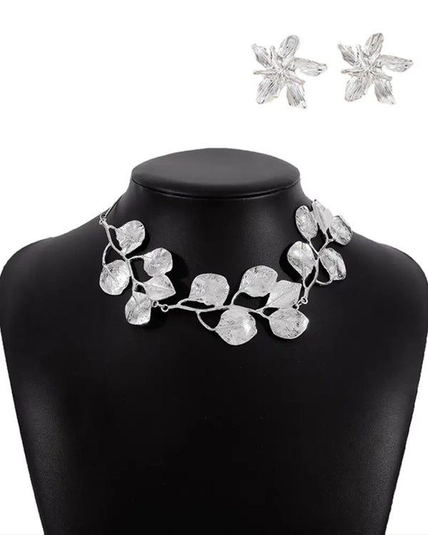 2 Pieces Jewellery Set Metal Leaf Necklace and Flower Earrings Set silver