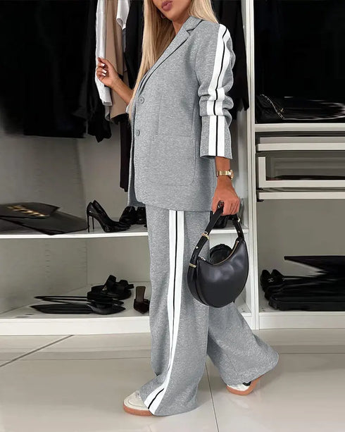 2 Pieces Outfit Notched Collar Single Breasted Pockets Design Coat and Elastic Waist Seam Front Wide Leg Pants Set Casual Contrast Side Striped Blazer Set light gray