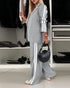 2 Pieces Outfit Notched Collar Single Breasted Pockets Design Coat and Elastic Waist Seam Front Wide Leg Pants Set Casual Contrast Side Striped Blazer Set light gray