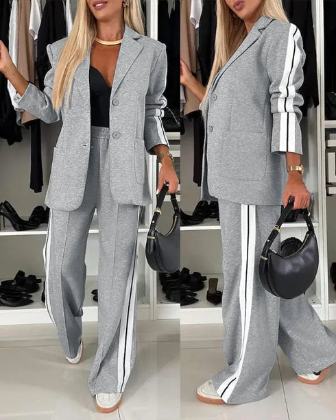 2 Pieces Outfit Notched Collar Single Breasted Pockets Design Coat and Elastic Waist Seam Front Wide Leg Pants Set Casual Contrast Side Striped Blazer Set light gray