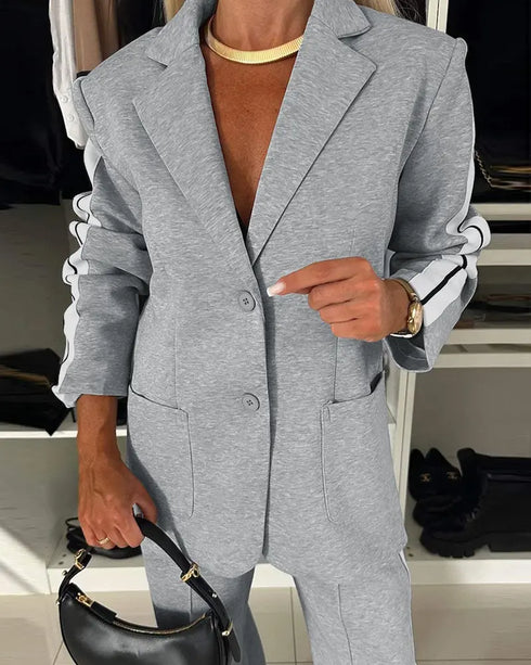 2 Pieces Outfit Notched Collar Single Breasted Pockets Design Coat and Elastic Waist Seam Front Wide Leg Pants Set Casual Contrast Side Striped Blazer Set light gray