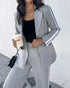 2 Pieces Outfit Notched Collar Single Breasted Pockets Design Coat and Elastic Waist Seam Front Wide Leg Pants Set Casual Contrast Side Striped Blazer Set light gray