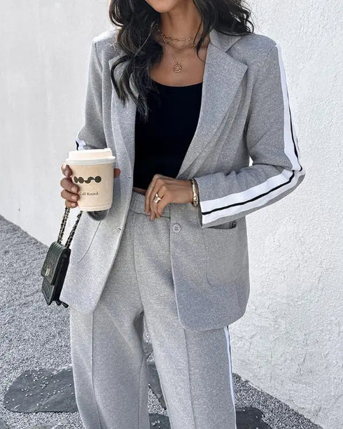 2 Pieces Outfit Notched Collar Single Breasted Pockets Design Coat and Elastic Waist Seam Front Wide Leg Pants Set Casual Contrast Side Striped Blazer Set light gray