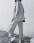 2 Pieces Outfit Notched Collar Single Breasted Pockets Design Coat and Elastic Waist Seam Front Wide Leg Pants Set Casual Contrast Side Striped Blazer Set light gray