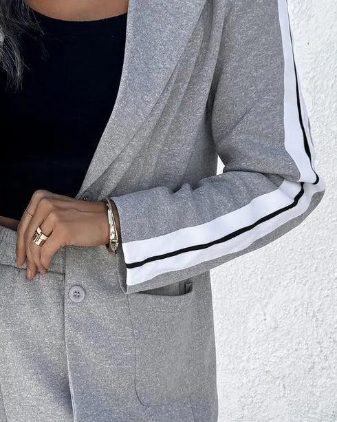 2 Pieces Outfit Notched Collar Single Breasted Pockets Design Coat and Elastic Waist Seam Front Wide Leg Pants Set Casual Contrast Side Striped Blazer Set light gray