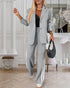 2 Pieces Outfit Notched Collar Single Breasted Pockets Design Coat and Elastic Waist Seam Front Wide Leg Pants Set Casual Contrast Side Striped Blazer Set light gray