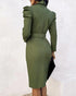 Turn-down Collar Long Sleeve Button Decor Front Slit Slim Fit Mid-Calf Dress Work Bodycon dark green