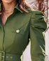 Turn-down Collar Long Sleeve Button Decor Front Slit Slim Fit Mid-Calf Dress Work Bodycon dark green