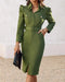 Turn-down Collar Long Sleeve Button Decor Front Slit Slim Fit Mid-Calf Dress Work Bodycon dark green