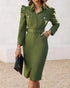 Turn-down Collar Long Sleeve Button Decor Front Slit Slim Fit Mid-Calf Dress Work Bodycon dark green