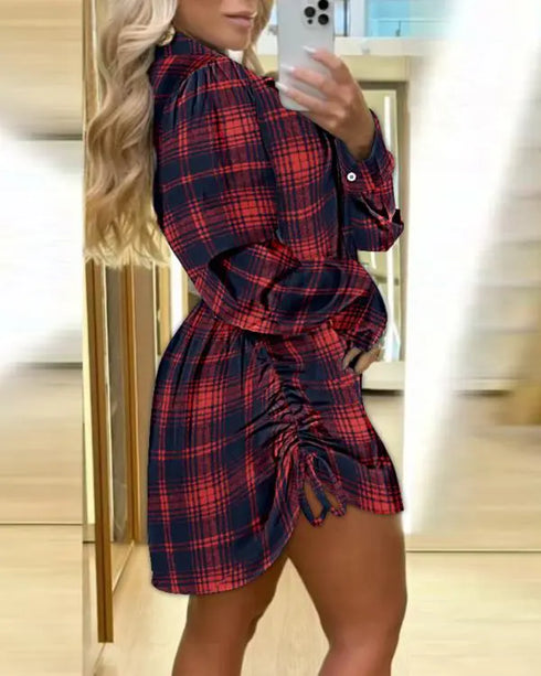 Plaid Pattern Side Drawstring Buttoned Shirt Dress red