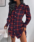 Plaid Pattern Side Drawstring Buttoned Shirt Dress red