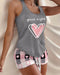 Good Night Plaid Heart Print Drawstring Tank Pajamas Set gray