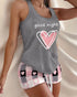 Good Night Plaid Heart Print Drawstring Tank Pajamas Set gray