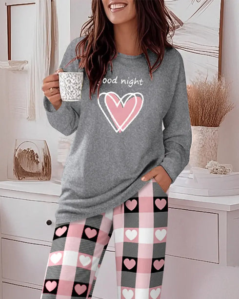 2 Pieces Outfit Letter and Heart Print Long Sleeve Top and Casual Plaid Pnats Sets with Pocket gray