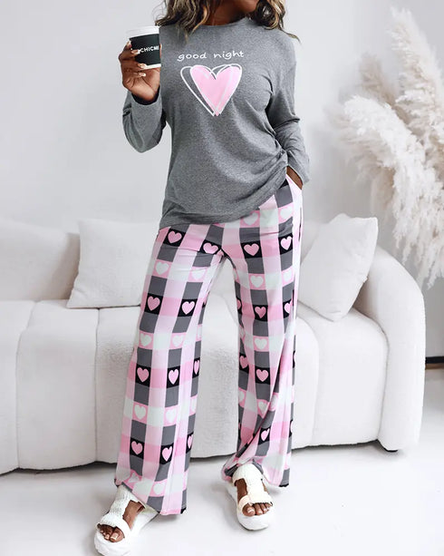 2 Pieces Outfit Letter and Heart Print Long Sleeve Top and Casual Plaid Pnats Sets with Pocket gray