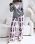 2 Pieces Outfit Letter and Heart Print Long Sleeve Top and Casual Plaid Pnats Sets with Pocket gray