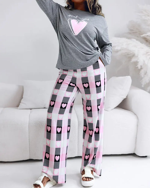 2 Pieces Outfit Letter and Heart Print Long Sleeve Top and Casual Plaid Pnats Sets with Pocket gray