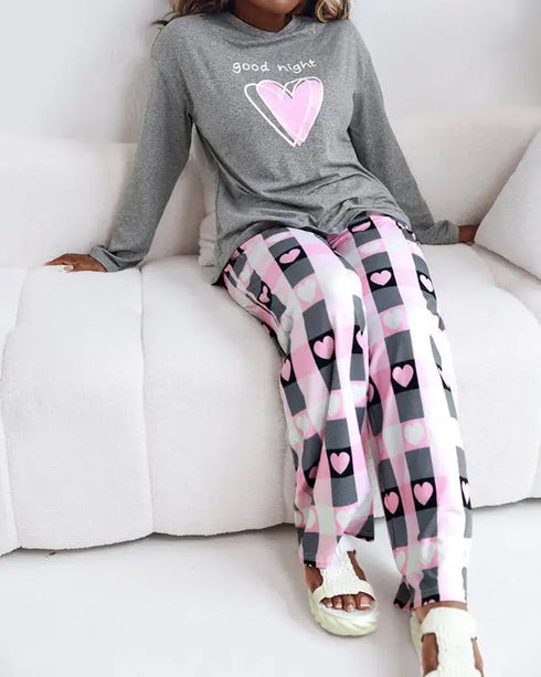 2 Pieces Outfit Letter and Heart Print Long Sleeve Top and Casual Plaid Pnats Sets with Pocket gray