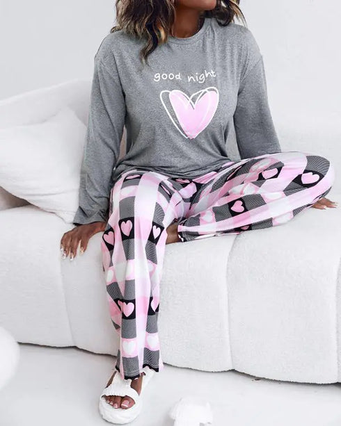 2 Pieces Outfit Letter and Heart Print Long Sleeve Top and Casual Plaid Pnats Sets with Pocket gray