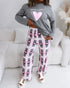 2 Pieces Outfit Letter and Heart Print Long Sleeve Top and Casual Plaid Pnats Sets with Pocket gray