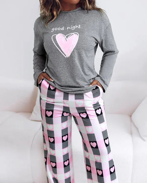 2 Pieces Outfit Letter and Heart Print Long Sleeve Top and Casual Plaid Pnats Sets with Pocket gray